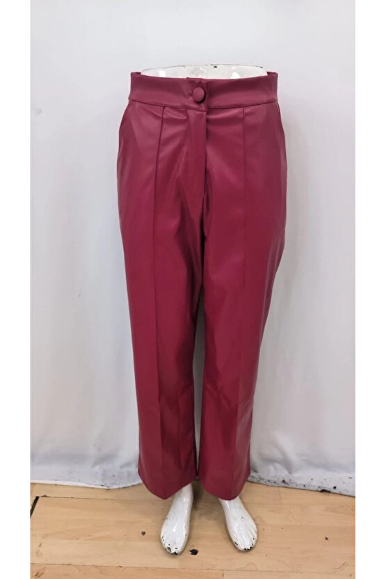 MDB Kadın önden Fermuarlı Cepli Geniş Kesim Lame Deri Pantolon