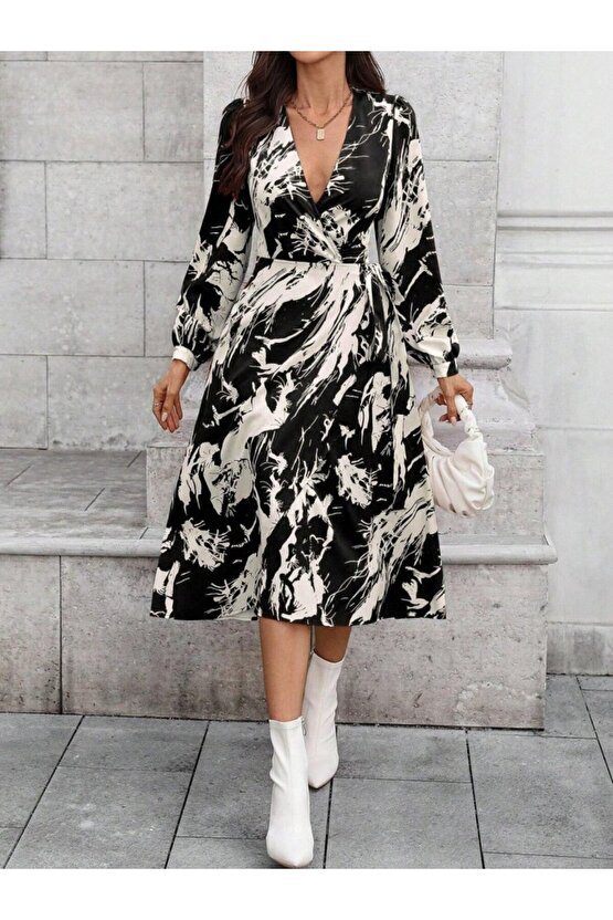 Kadın Uzun Kollu Kruvaze Yakalı Yandan Bağlamalı Desenli Mini Modal Elbise