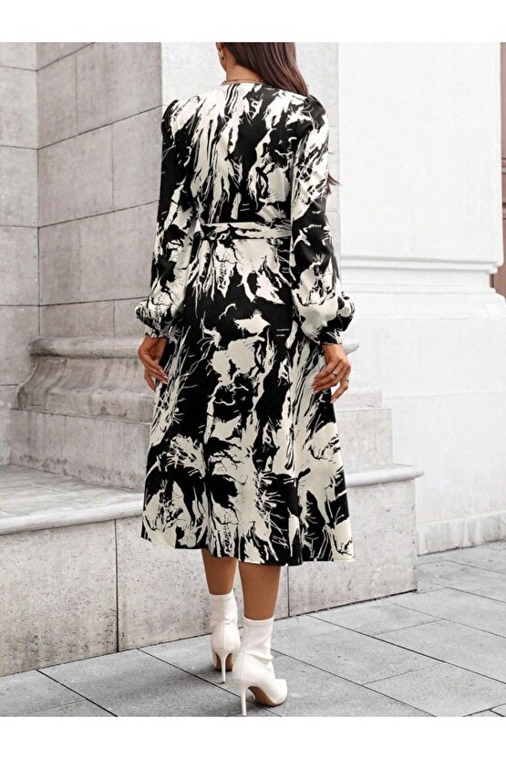 Kadın Uzun Kollu Kruvaze Yakalı Yandan Bağlamalı Desenli Mini Modal Elbise