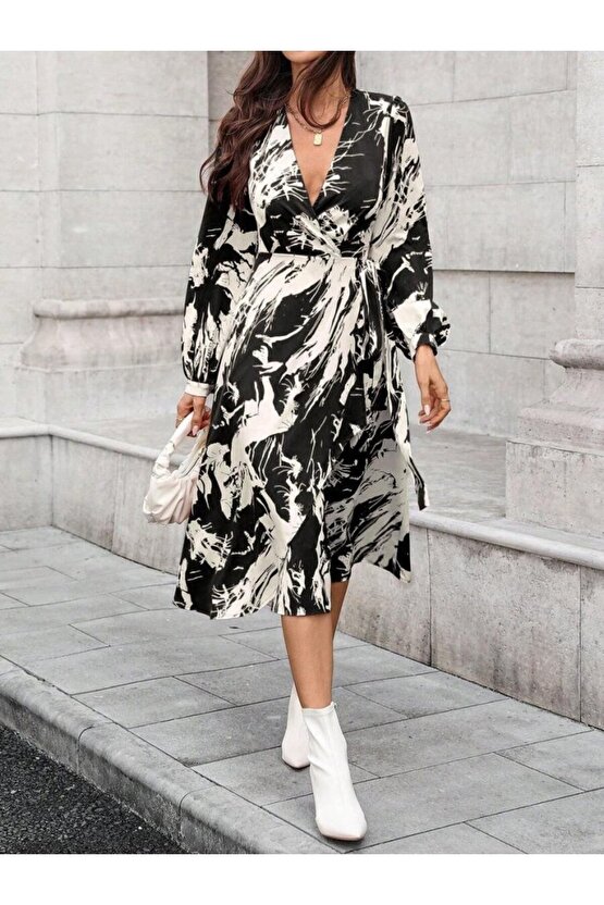 Kadın Uzun Kollu Kruvaze Yakalı Yandan Bağlamalı Desenli Mini Modal Elbise