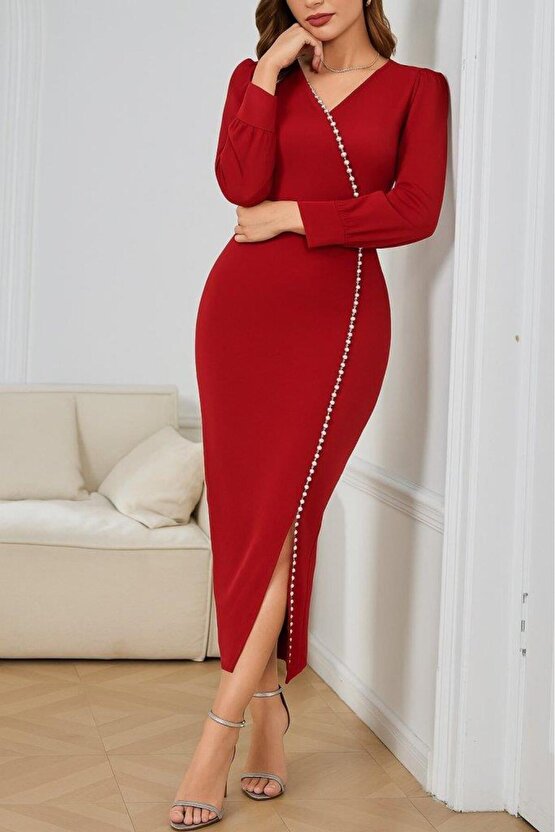 Kadın Uzun Kollu V Yakalı Yırtmaçlı Taşlı Uzun Ithal Krep Elbise