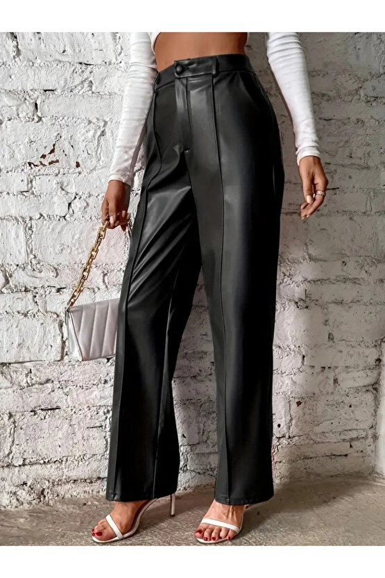 Kadın önden Fermuarlı Cepli Geniş Kesim Lame Deri Pantolon