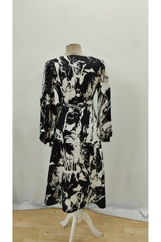 Kadın Uzun Kollu Kruvaze Yakalı Yandan Bağlamalı Desenli Mini Modal Elbise