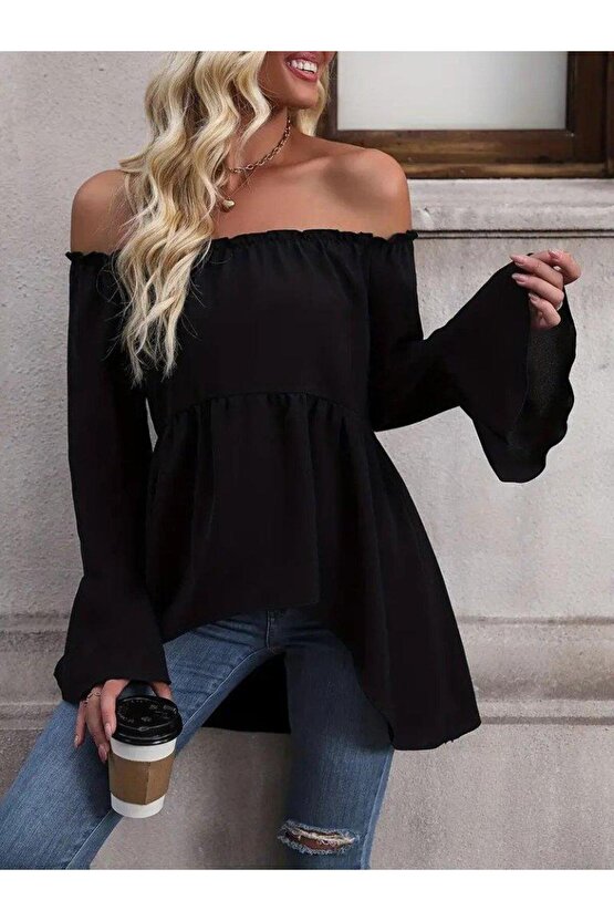 Kadın Uzun Kollu Madonna Yaka Asimetrik Detaylı Kolları Ispanyol Viskon Bluz