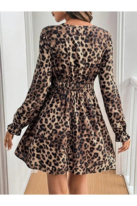 Kadın Uzun Kollu V Dantel Yakalı Leopar Desenli Modal Mini Elbise