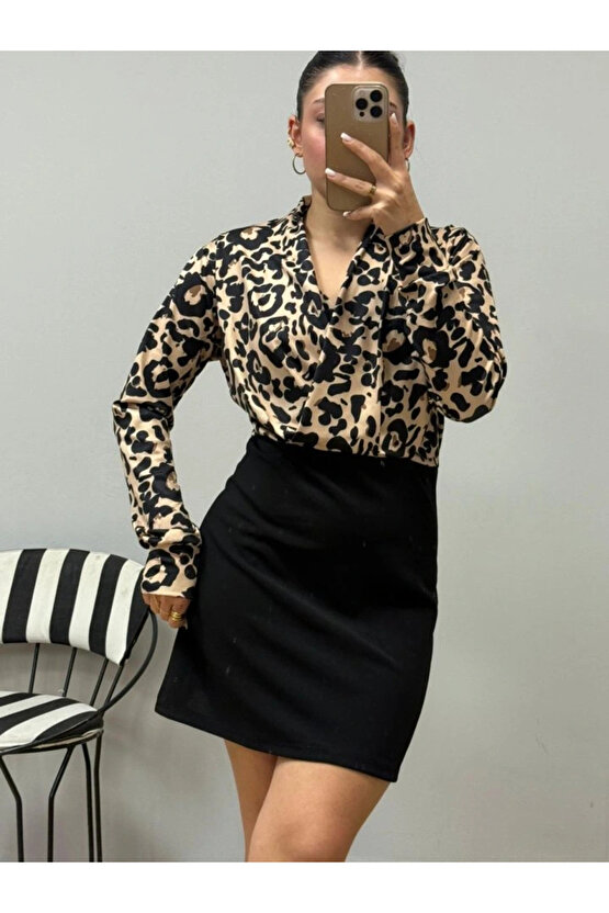 Kadın Uzun Kollu Kruvaze Yakalı üst Dalgıç Alt Ithal Krep Mini Elbise