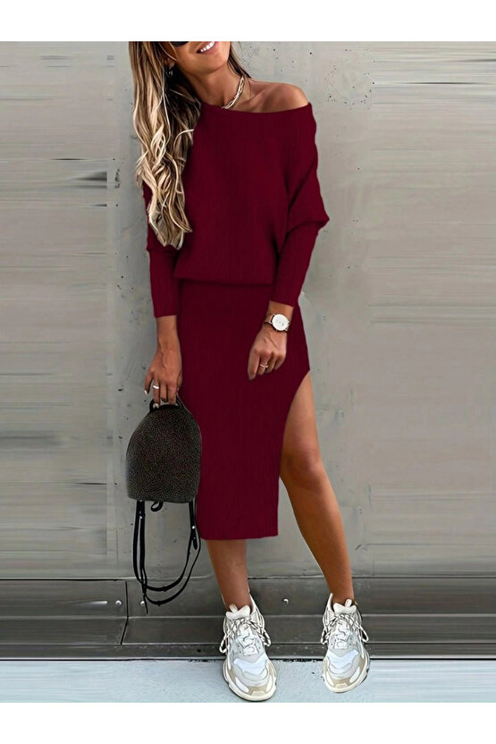 Kadın Uzun Kollu Düşük Omuz Yırtmaç Detay Kaşkorse Etek Bluz Ikili Takım