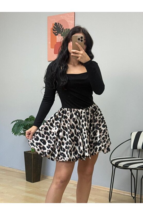 Kadın Uzun Kollu Kare Yaka Mini Balon Modal Elbise