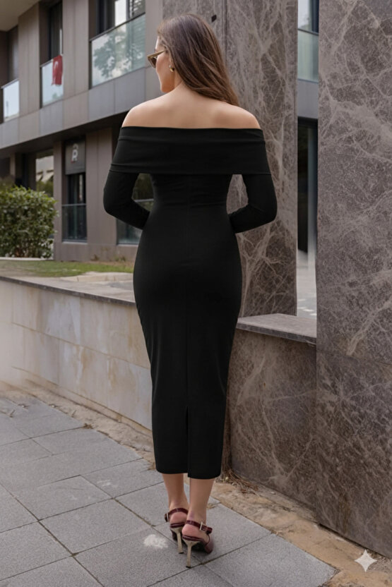 Kadın Uzun Kollu Madonna Yaka Düğüm Büzgü Detay Maxi Boy Elblbise