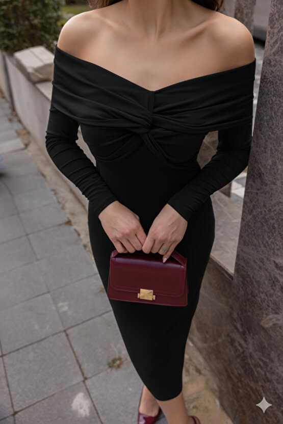 Kadın Uzun Kollu Madonna Yaka Düğüm Büzgü Detay Maxi Boy Elblbise