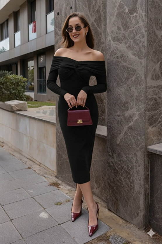 Kadın Uzun Kollu Madonna Yaka Düğüm Büzgü Detay Maxi Boy Elblbise