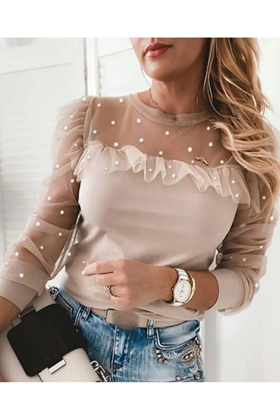 Kadın Uzun Kollu Kol Ve Yaka Tül Ve Inci Detay Viskon Bluz