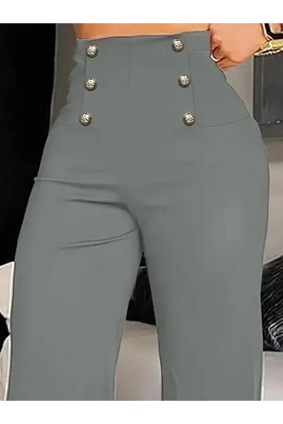 Kadın Yüksek Bel önden Düğmeli Uzun Paçaya Doğru Geniş Ithal Krep Pantolon