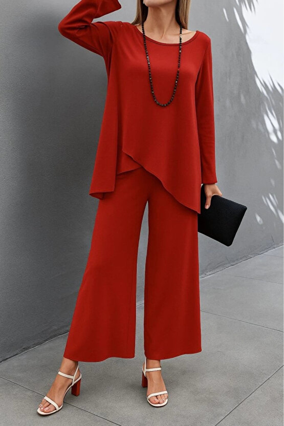 Kadın Uzun Kollu Asimetrik Detaylı Salaş Sandy Bluz Ve Pantolon Ikili Takım
