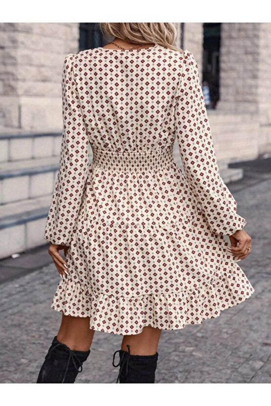 Kadın Uzun Kollu Kruvaze Yaka Desenli Mini Modal Elbise