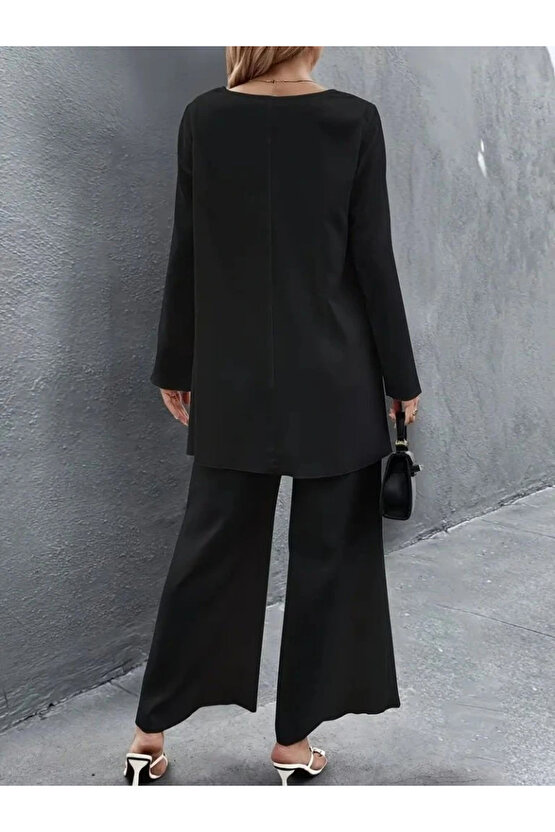 Kadın Uzun Kollu Asimetrik Detaylı Salaş Sandy Bluz Ve Pantolon Ikili Takım