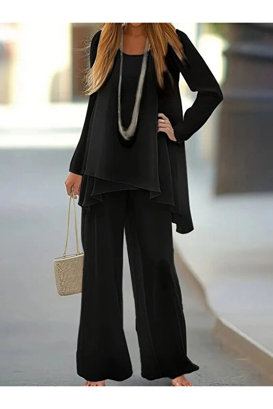 Kadın Uzun Kollu Asimetrik Detaylı Salaş Sandy Bluz Ve Pantolon Ikili Takım