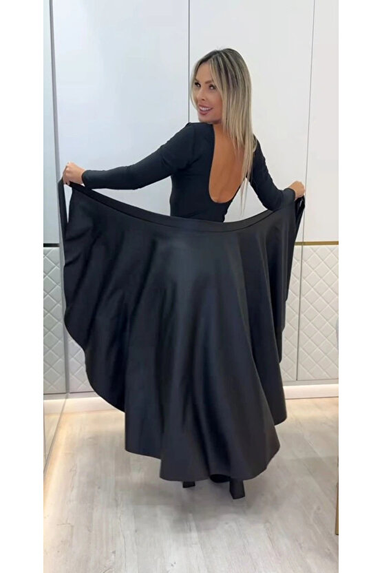 Kadın Belden Kuşaklı Uzun Deri Etek