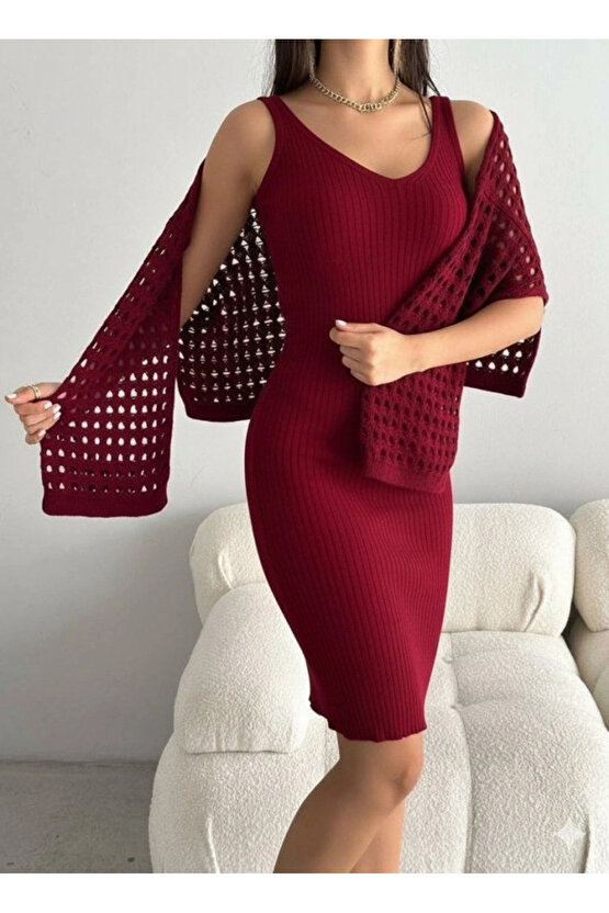 Kadın Uzun Kollu Delikli Kazak Askılı Elbise Triko Ikili Takım