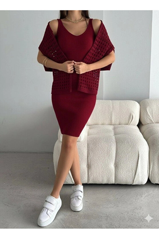 Kadın Uzun Kollu Delikli Kazak Askılı Elbise Triko Ikili Takım