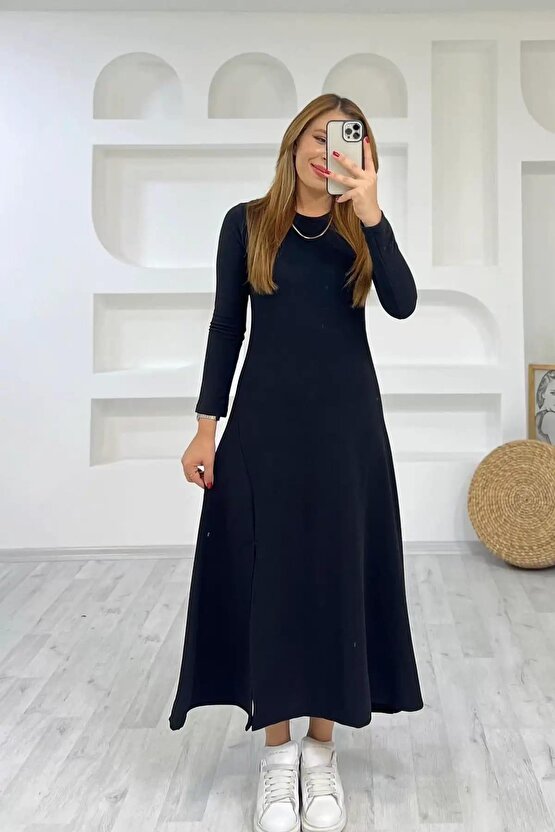 Kadın Uzun Kollu Bisiklet Yaka Size Kadar Yırtmaç Detay Maxi Boy Elbise