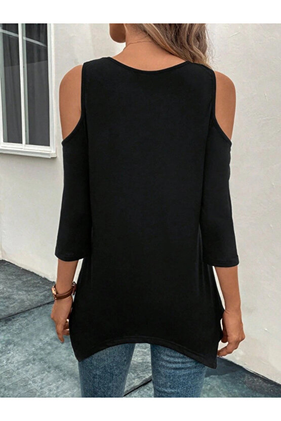 Kadın Omuzlardan Açık Sıfır Yaka Asimetrik Kesim Detay Viskon Bluz