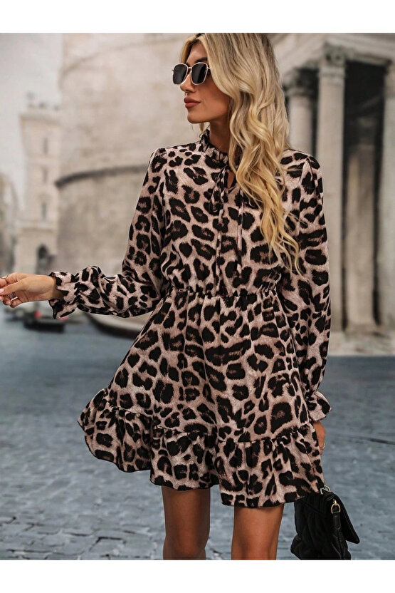 Kadın Uzun Kollu Yakadan Bağcıklı Modal Leopar Desenli Mini Elbise