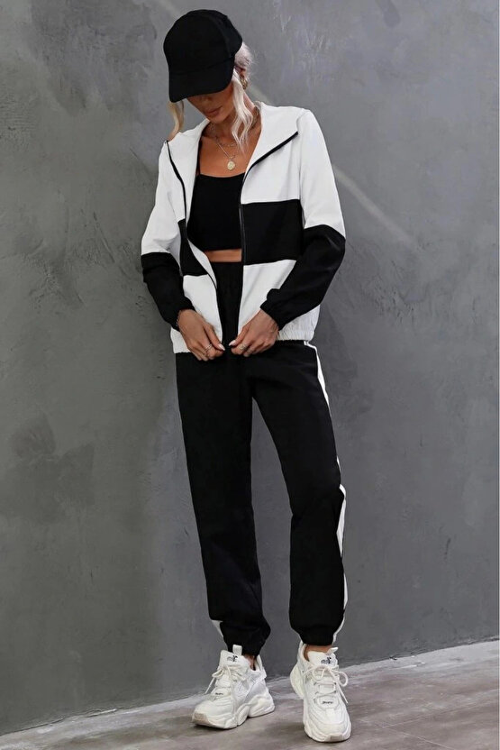 Kadın Uzun Kollu Kapşonlu önden Fermuarlı Viskon Iki Iplik Bluz Ve Pantolon Ikili Takım