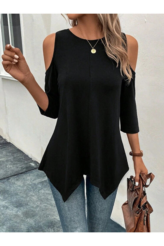 Kadın Omuzlardan Açık Sıfır Yaka Asimetrik Kesim Detay Viskon Bluz