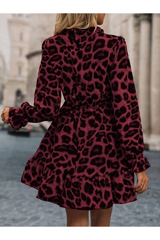 Kadın Uzun Kollu Yakadan Bağcıklı Modal Leopar Desenli Mini Elbise