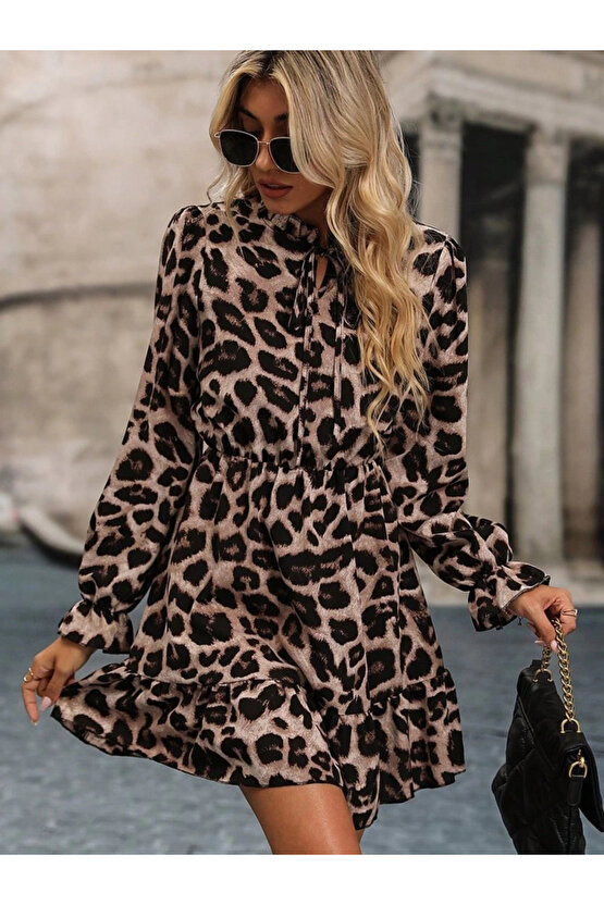 Kadın Uzun Kollu Yakadan Bağcıklı Modal Leopar Desenli Mini Elbise