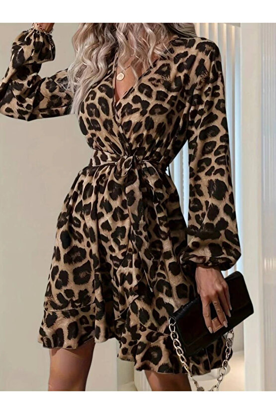 Kadın Uzun Kollu Kruvaze Yaka Belden Kuşaklı çapraz Kesim Detaylı Leopar Modal Mini Elbise