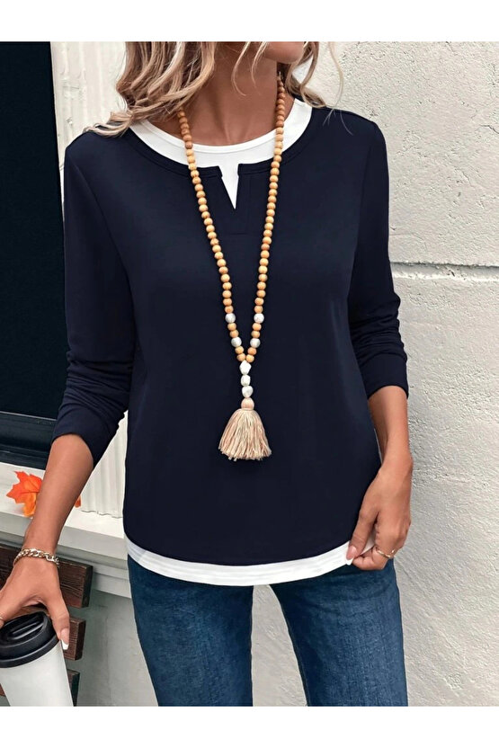 Kadın Uzun Kollu V Yakalı çift Renkli Viskon Iki Iplik Bluz