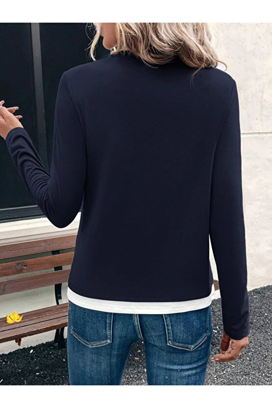 Kadın Uzun Kollu V Yakalı çift Renkli Viskon Iki Iplik Bluz