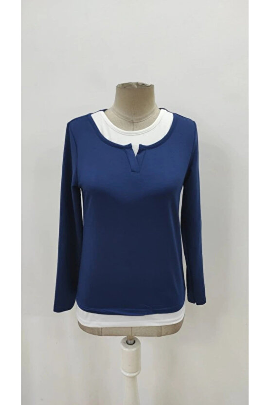 Kadın Uzun Kollu V Yakalı çift Renkli Viskon Iki Iplik Bluz