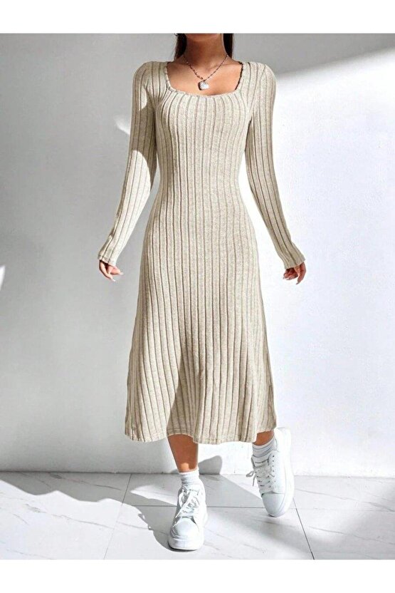 Kadın Uzun Kollu Kare Yaka Midi Kaşkorse Elbise