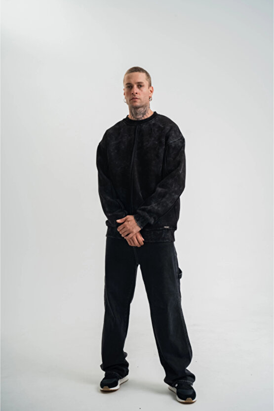 eyesof Unisex Bisiklet Yaka Özel Pis Dikişli Yıkamalı SweatShirt - Siyah