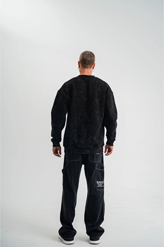 eyesof Unisex Bisiklet Yaka Özel Pis Dikişli Yıkamalı SweatShirt - Siyah