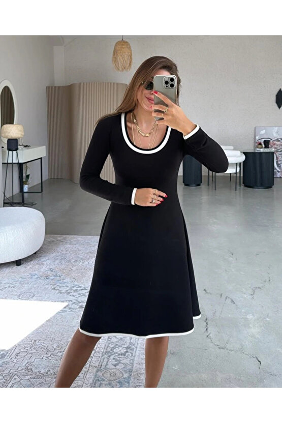 Kadın Uzun Kollu Yuvarlak Yaka Midi Viskon Iki Iplik Elbise