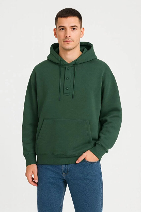 Erkek Ovarsize Kapüşonlu Swetshirt Kanguru Çepli Cıtcıtlı 3 iplik Şardonlu Hoodie - Haki