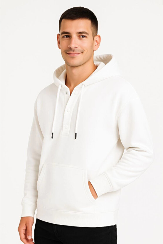 EQURİ Erkek Ovarsize Kapüşonlu Swetshirt Kanguru Çepli Cıtcıtlı 3 Iplik Şardonlu Hoodie - Beyaz