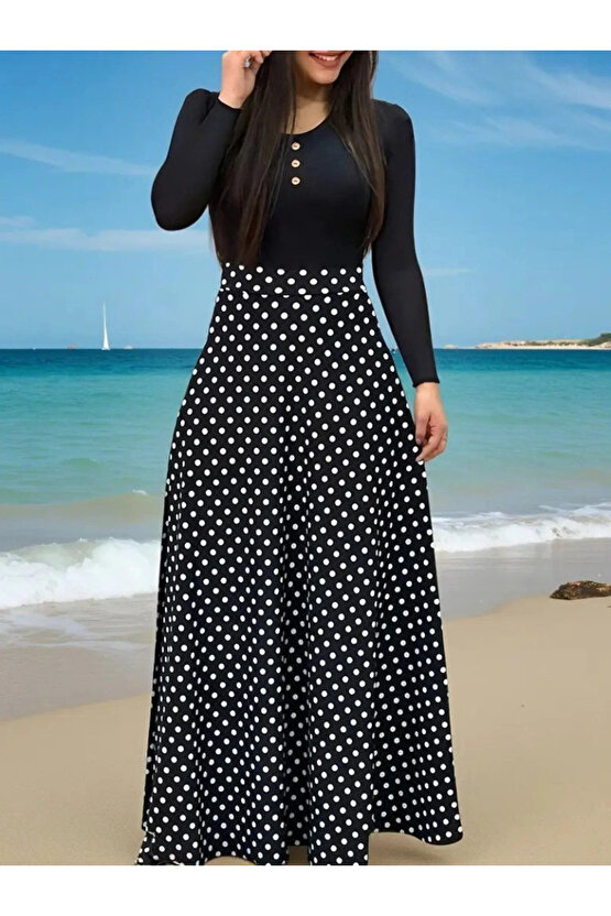 Kadın Uzun Kollu önü Düğmeli Viskon Bluz Eteği örme Maxi Krep Elbise