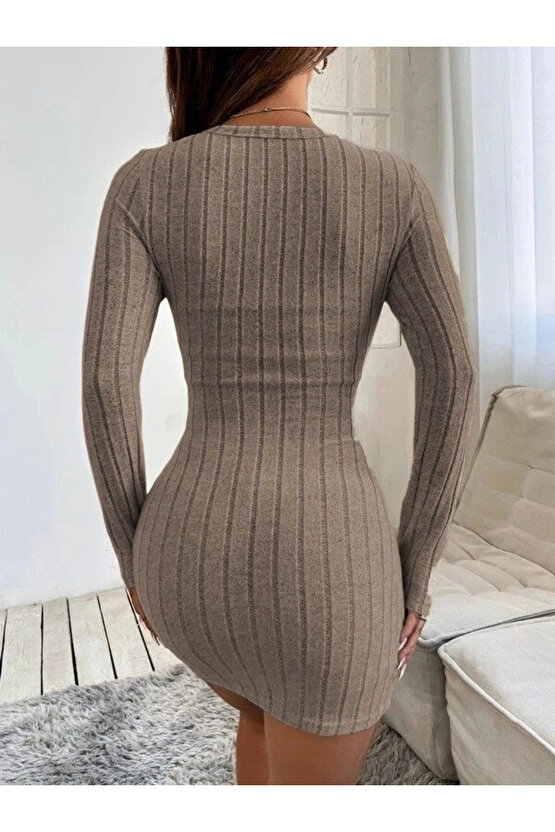 Kadın Uzun Kollu Bisiklet Yaka şardonlu Kalın Fitilli Kaşkorse Mini Boy Elbise