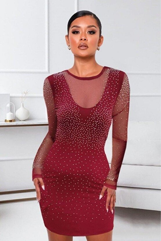 Kadın Uzun Kollu Yuvarlak Yaka Dekolteli Taşlı Dalgıç Elbise