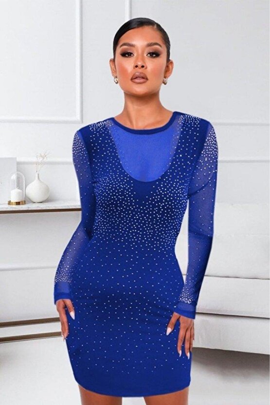 Kadın Uzun Kollu Yuvarlak Yaka Dekolteli Taşlı Dalgıç Elbise