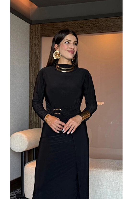 Kadın Balıkçı Yaka Toka Detay Sandy Kumaş Midi Boy Elbise