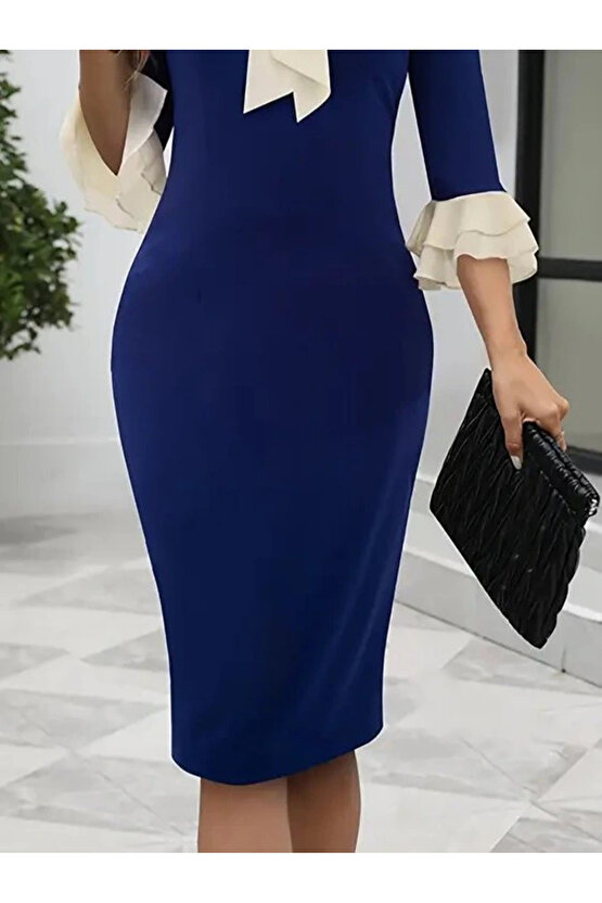 Kadın Truvakar Kollu Fiyonk Yakalı Midi Ithal Krep Elbise