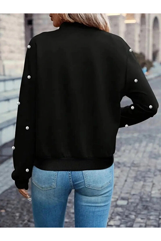 Kadın Uzun Kollu önden Fermuarlı Incili Kısa Modal Ceket