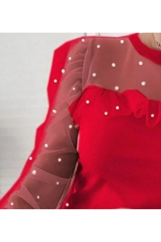 Kadın Uzun Kollu Inci Detaylı Tüllü Viskon Bluz