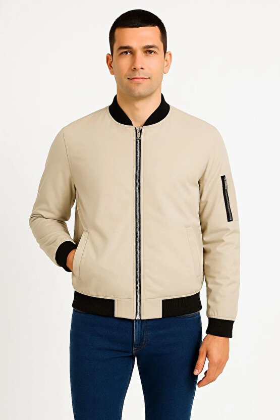 Erkek içi Astarlı Fermuarlı Bomber Mont Ceket - Bej